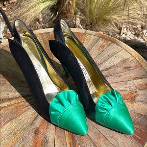 ESCADA Vintage Black and Green Satin Stiletto Heels with Ruched Detail